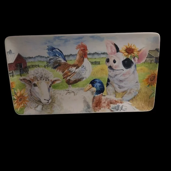 Pier 1 Imports Farm Animals Platter Rectangular Pig/Lamb/Duck/Chicken - Picture 2 of 9